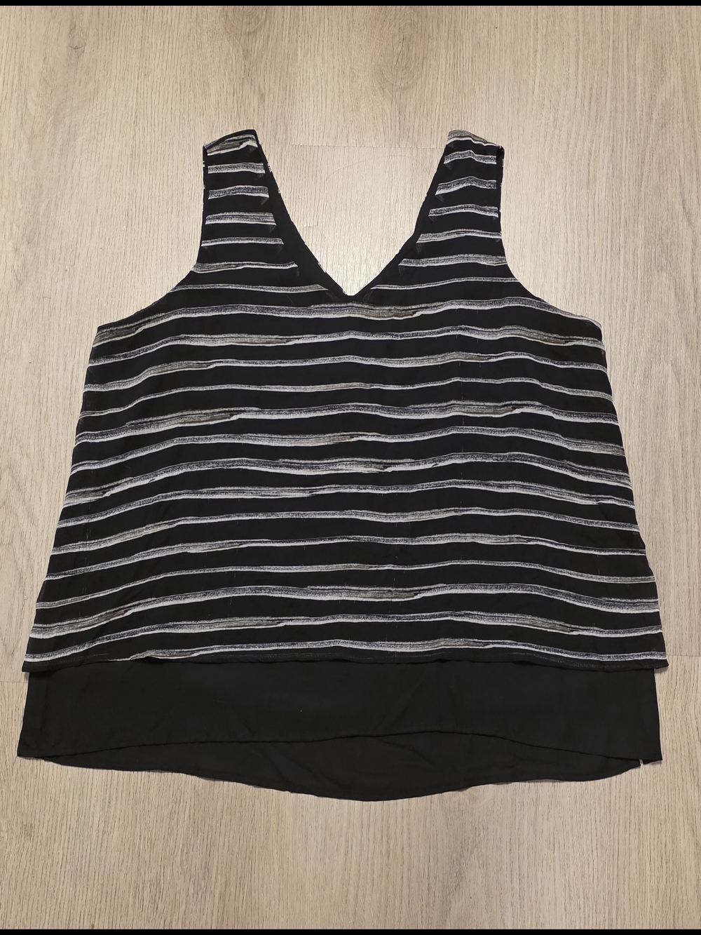 Sleeveless Black & White Striped V-Neck Layered Tank